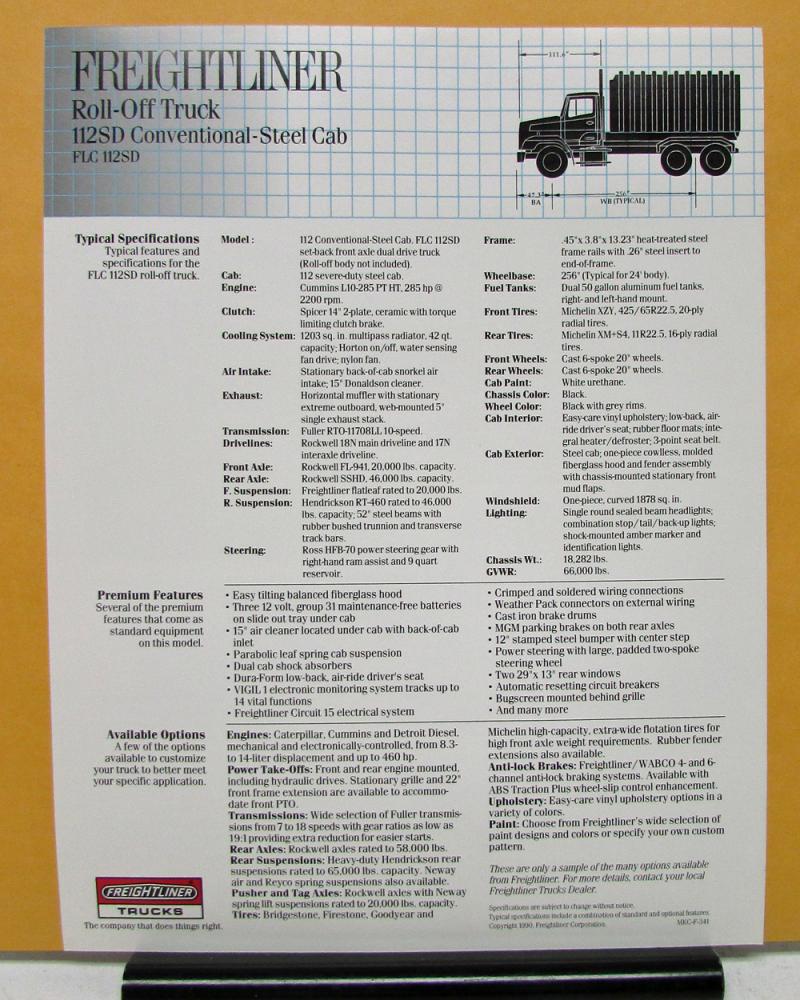 Freightliner Model Flc Sd Roll Off Truck Specification Sheet