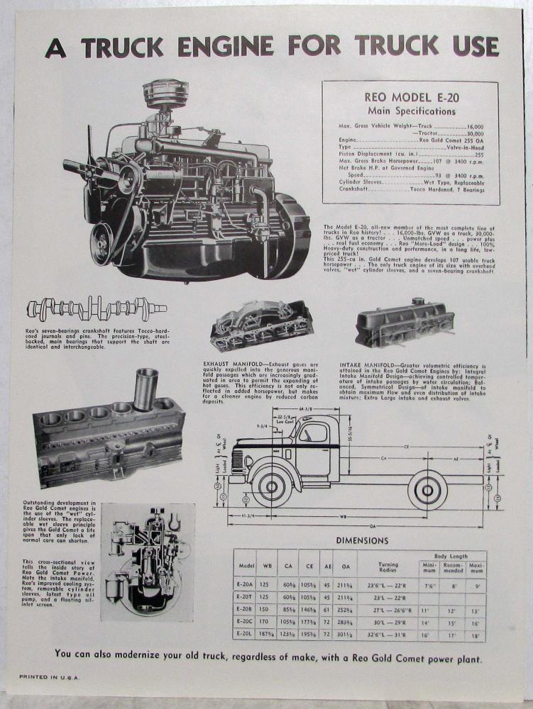 1950 REO E 20 Truck With Gold Comet Engine Sales Brochure