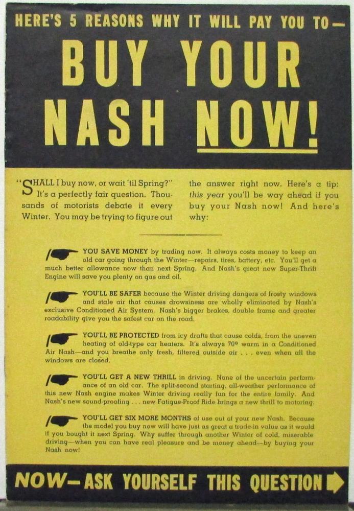 1938 Buy Your Nash Now Sales Brochure Original Value Safety Protection Comfort