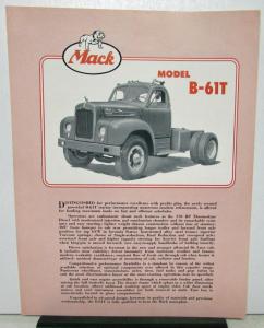 1954 Mack Truck Model B 61T Specification Sheet