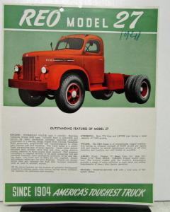 1941 1942 1943 REO Truck Model 27 Specifications Sheet & Sales Brochure