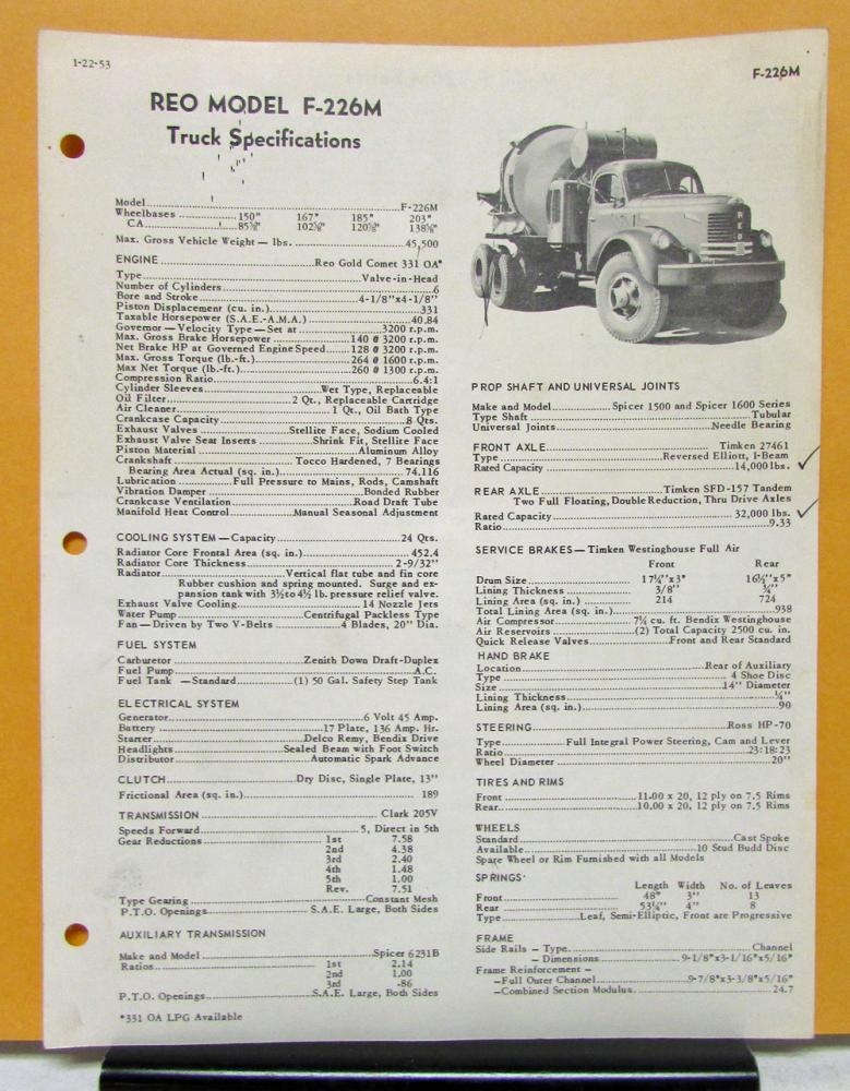 1953 REO Truck Model F 226 Specification Sheet