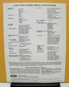 1973 Ford Truck Model L LN LT LNT LTS 9000 Specification Sheet