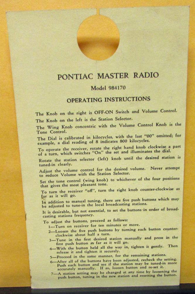 1947 Pontiac Dealer New Car Radio Operation Hang Tag Card Original Master