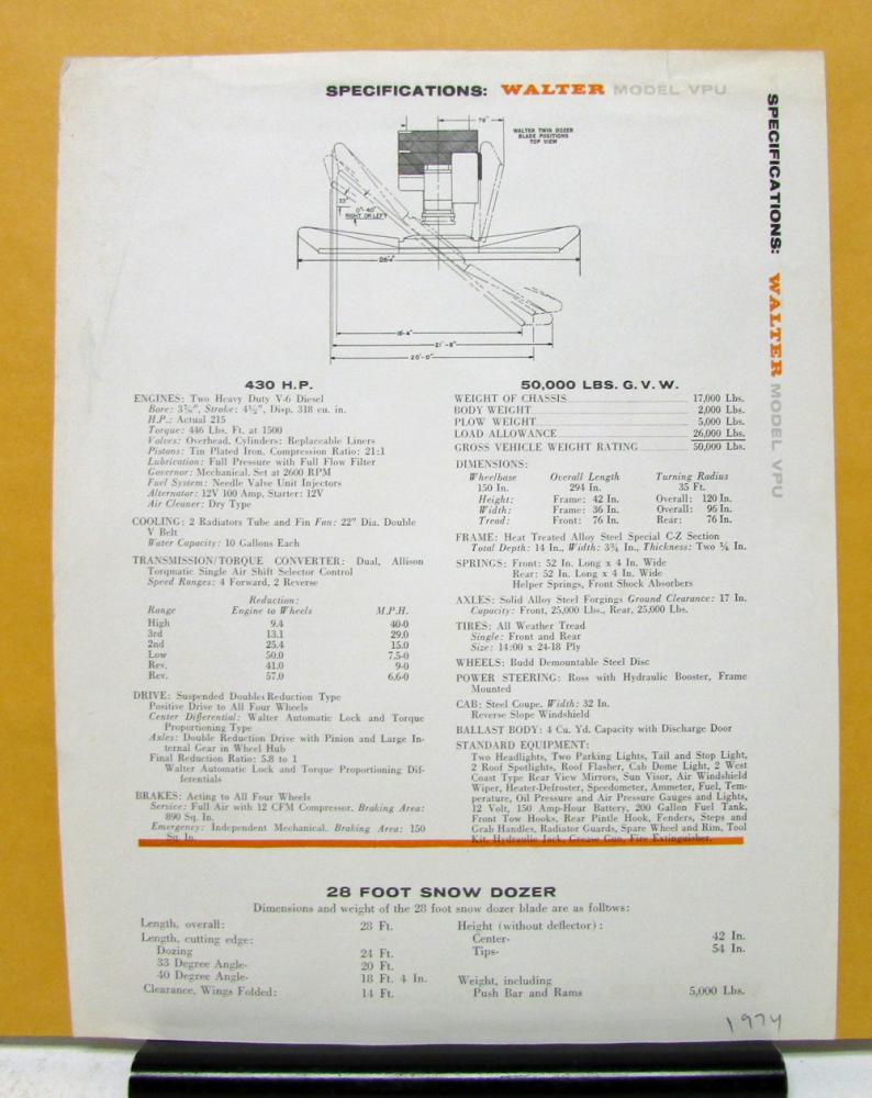 1974 Walter Truck Model VPU Snow Fighter Sales Brochure and Specifications