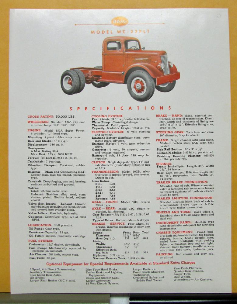 1953 White Truck Model WC 22PLT Sales Brochure & Specifications