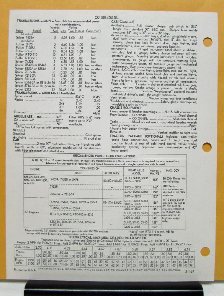 1967 Diamond REO Truck Model CO 5064D & DL Tilt COE Specification Sheet