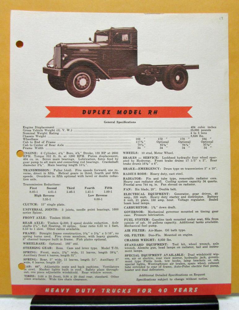 1949 1950 Duplex Truck Model RH Specification Sheet