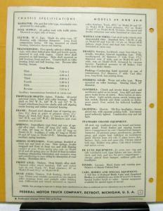 1939 1940 Federal Truck Model 89 H Specification Price Dimension Sheet