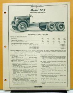 1939 1940 Federal Truck Model 502 Specification And Price Sheets