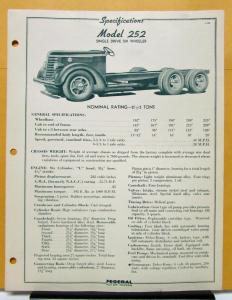 1939 1940 Federal Truck Model 252 Specification Sheet