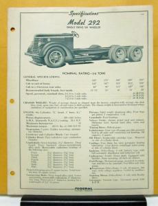 1939 1940 Federal Truck Model 292 Specification And Price Sheets