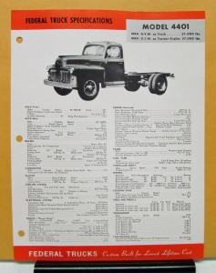 1952 1953 1954 Federal Truck Model 4401 Specification Sheet