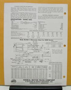 1952 1953 1954 Federal Truck Model 4401 Specification Sheet