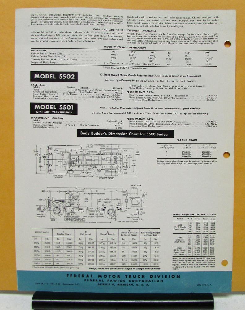 1954 Federal Truck Model 5501 Specification Sheet