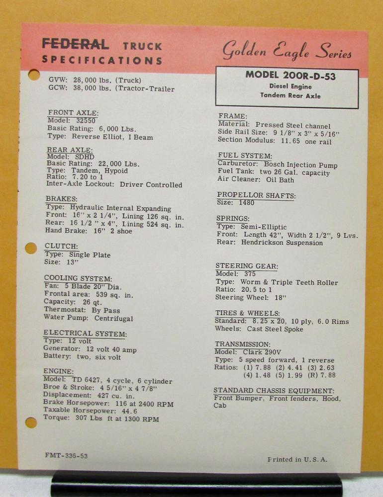 1955 1956 1957 1958 1959 Federal Truck Model 200R D 53 Specification Sheet