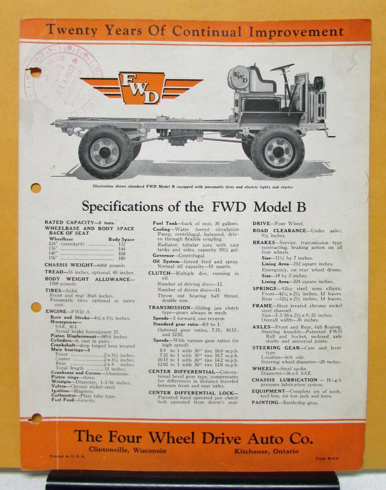 1931 FWD Truck Model B Specification Sheet