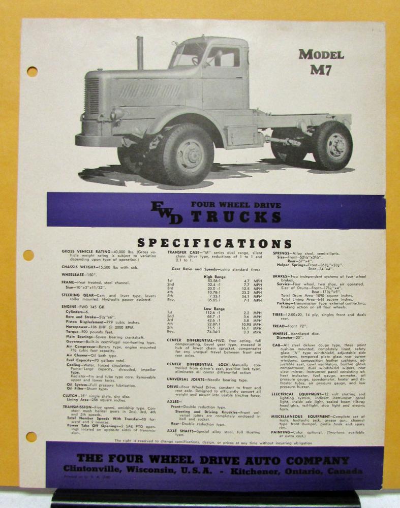 1938 1939 1940 FWD Truck Model M7 Specification Sheet