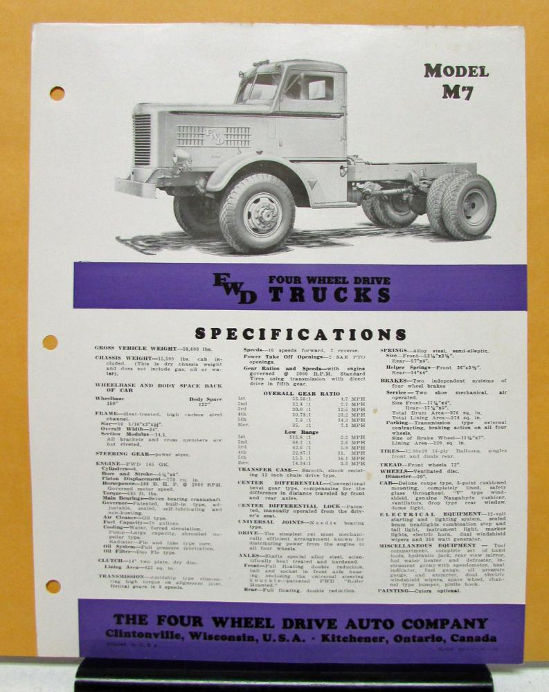 1948 FWD Truck Model M7 Specification Sheet