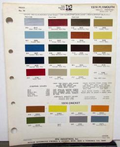 1974 Plymouth Color Paint Chips Leaflet PPG Barracuda Cuda Valiant Satellite RR