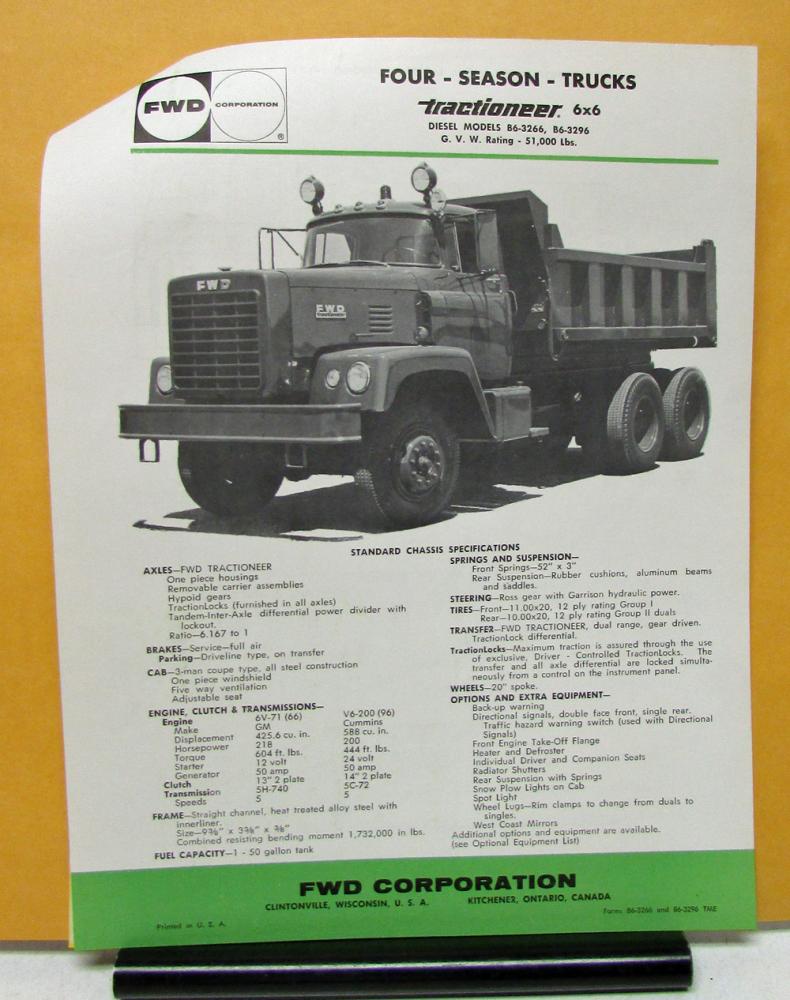 1963 FWD Truck Model B6 3216 3217 3266 3296 Specification Sheet & Bulletin