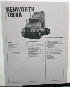 1985 Kenworth Truck Model T600A Specification Folder Sales Brochure