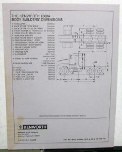 1985 Kenworth Truck Model T600A Specification Folder Sales Brochure