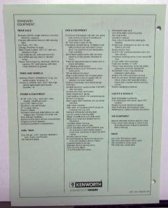 1987 Kenworth Truck Model T800 Standard Equipment Sheet