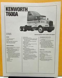 1989 Kenworth Truck Model T600A Standard Equipment Sheet