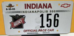 2003 Indianapolis 500 Race Official Pace Car License Plate Chevy SSR #156