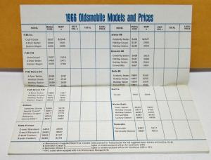 1966 Oldsmobile Dealer Pocket Data Book Brochure Prices Options Colors Specs