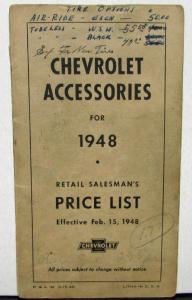 1948 Chevrolet Accessories Parts Price List & Nos Dealer Confidential Original