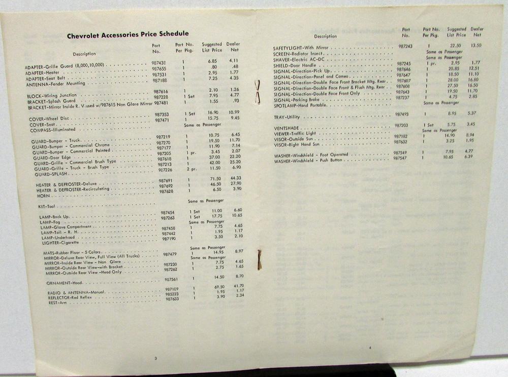 1957 Chevrolet Dealer Confidential Price List Accessories Original Part