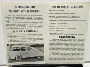 1949 Mustang Teardrop Automobile Sales Brochure Aluminum Aero-dynamic Body Rare