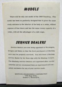 1949 Mustang Teardrop Automobile Sales Brochure Aluminum Aero-dynamic Body Rare