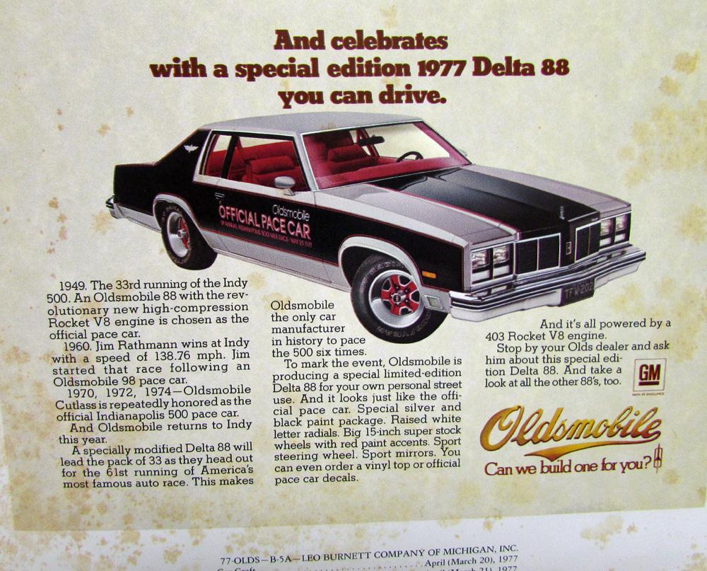 1977 oldsmobile delta 88 indy 500 pace car magazine ad slick proof original