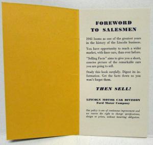 1941 Lincoln Selling Facts Brochure for Salesmen