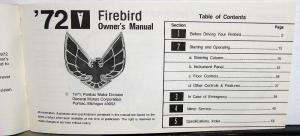 1972 Pontiac Owners Manual Care & Operation Firebird Trans Am Formula Esprit