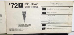 1972 Pontiac Owners Manual Care & Operation Ventura II Original