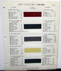 1949 Mercury Color Paint Chips Leaflet Zac-Lac Paint & Lacquer Corp Original