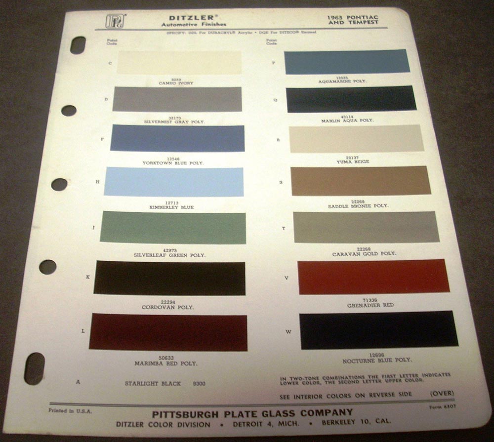 1963 Pontiac And Tempest Ditzler Paint Chips Automotive Finishes Codes