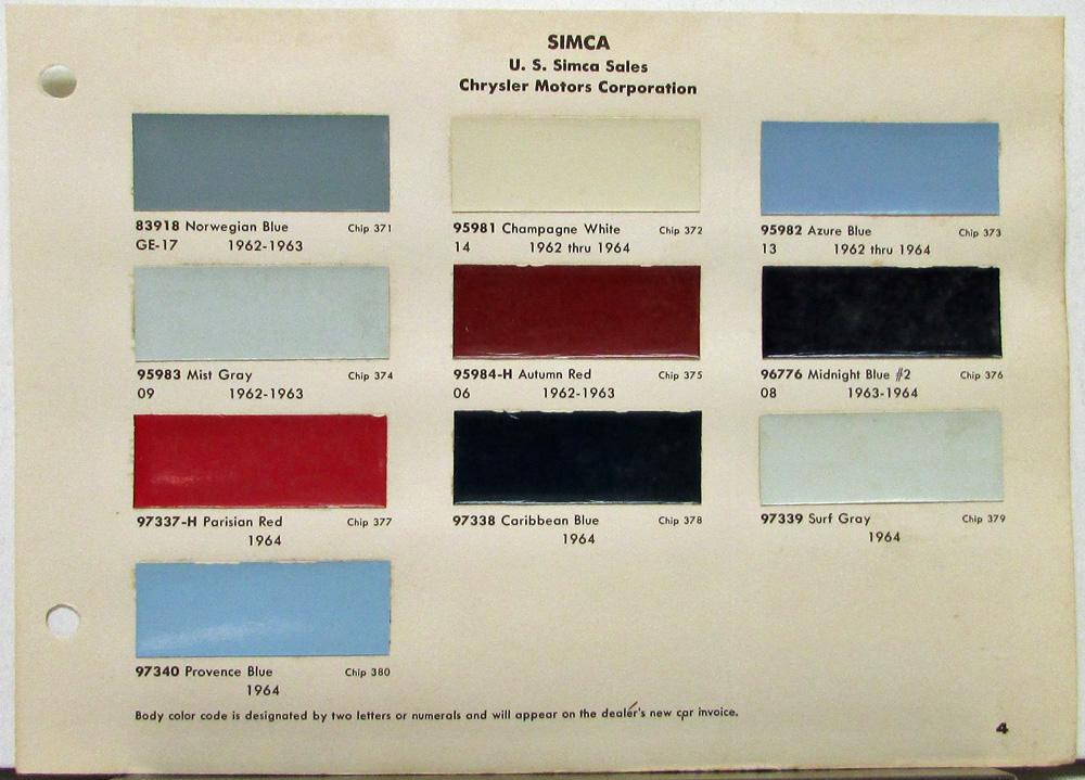 1962 1963 1964 SIMCA Chrysler Paint Chips Original