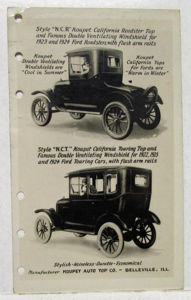 1923-1924 Koupet Auto Top Co Tops Venting Windshield for Ford Cars Data Sheet