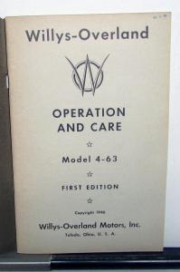 1946 Willys Overland Jeep Station Wagon Sedan Delivery Owners Manual Original