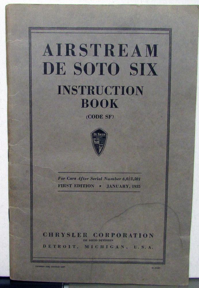 1935 DeSoto Six Airstream SF Owners Manual Care Operation Instructions Original