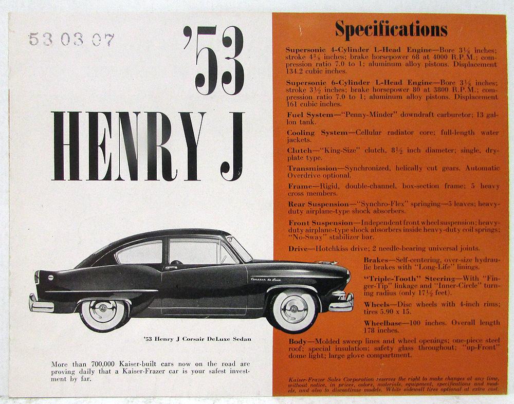 1953 Henry J Corsaire Kaiser Sedan Features Specs Sales Folder Original