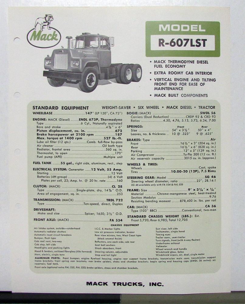 1966 1967 Mack Truck Model R 607LST Specification Sheet