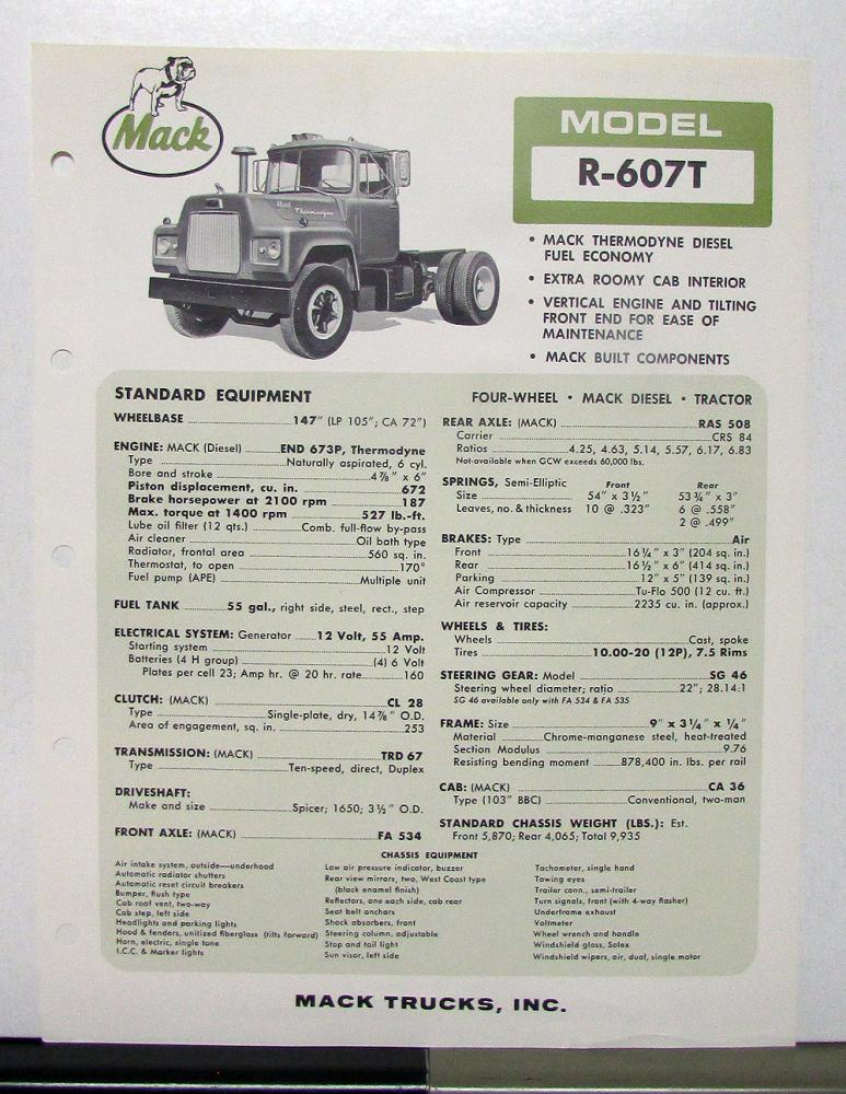 1966 1967 Mack Truck Model R 607T Specification Sheet