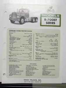 1973 Mack Truck Model R 700ST Specification Sheet