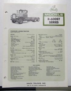 1973 Mack Truck Model R 600ST Specification Sheet